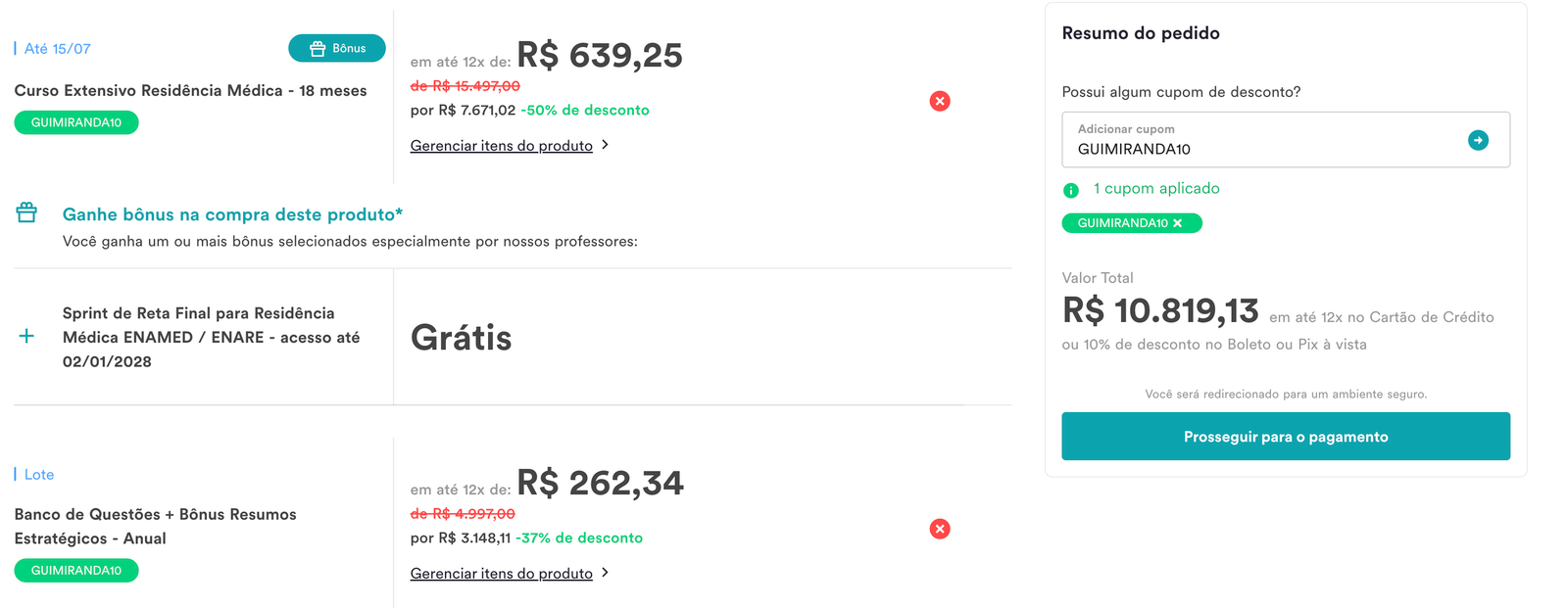 Resumo do pedido no site do Estratégia MED com cupom GUIMIRANDA10 aplicado