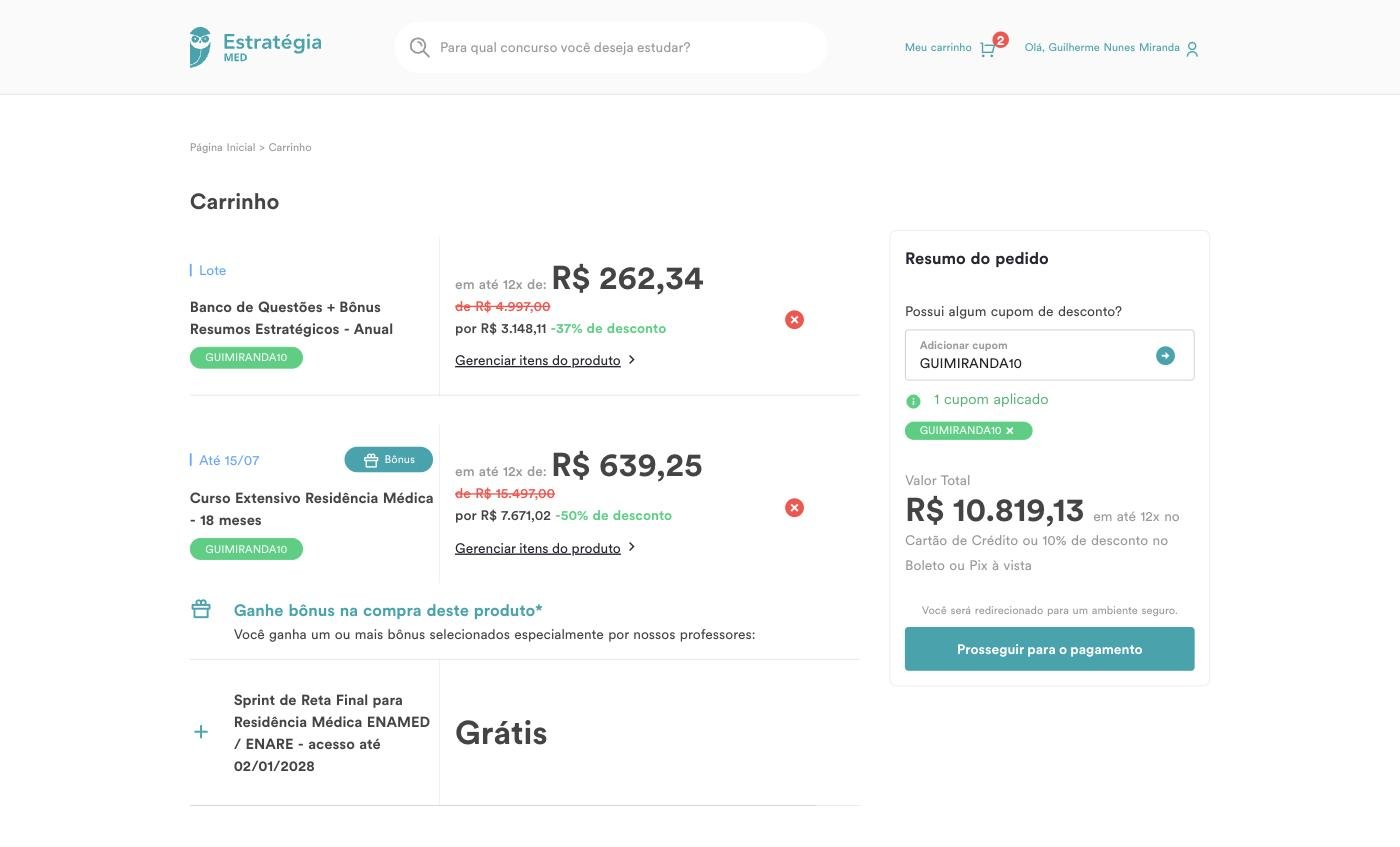 Página de carrinho do Estratégia MED para aplicar o cupom GUIMIRANDA10