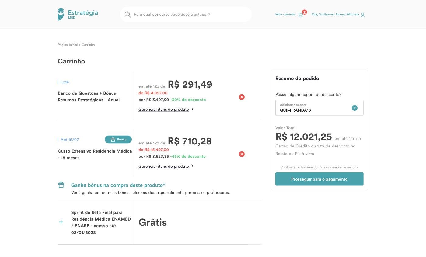 Campo para inserir o cupom GUIMIRANDA10 no carrinho do Estratégia MED