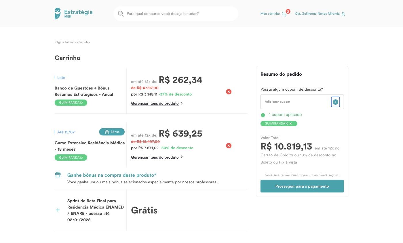 Cupom GUIMIRANDA10 aplicado com desconto no carrinho do Estratégia MED